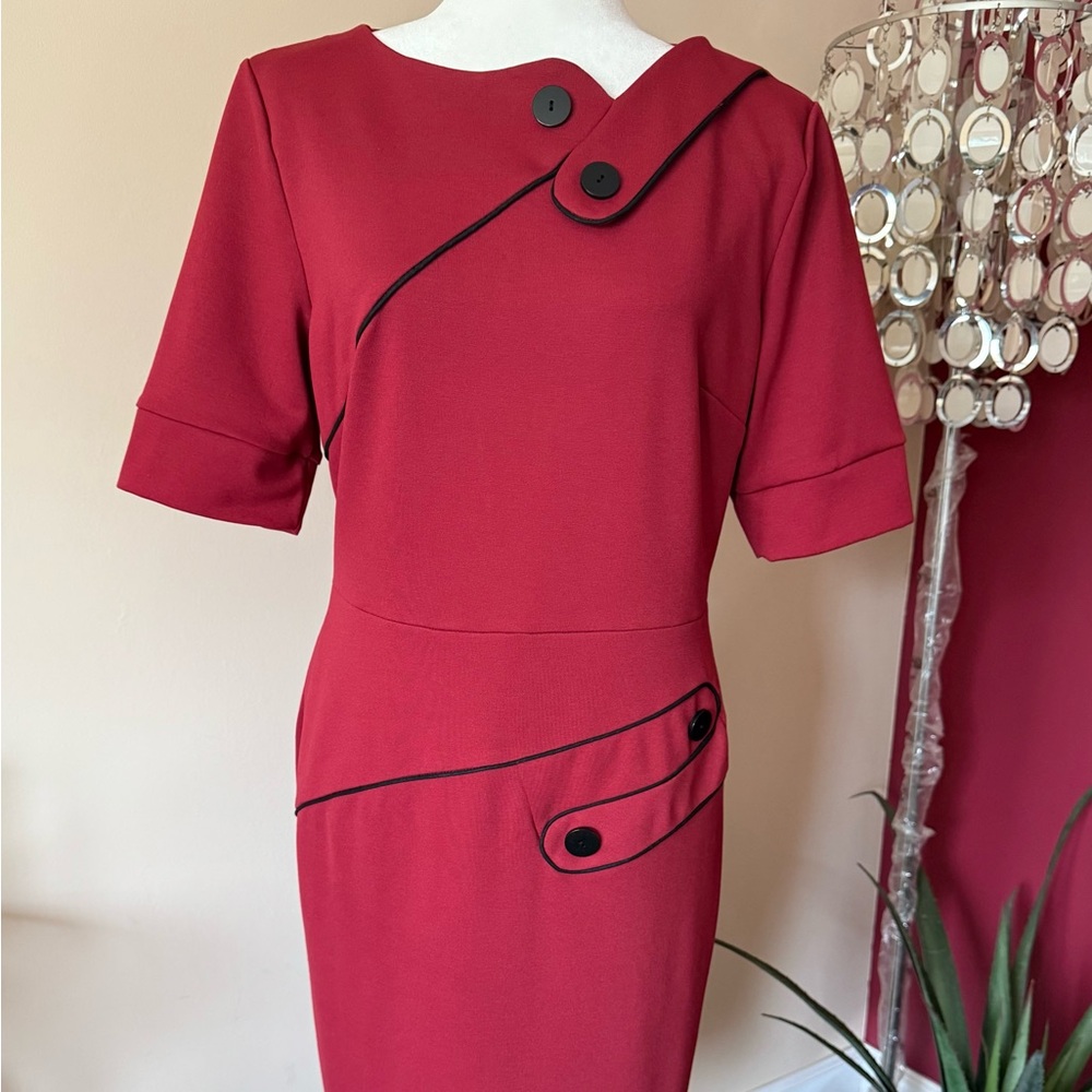 NWT deep red size 12 hotsquash London ponte dress with black button detail.